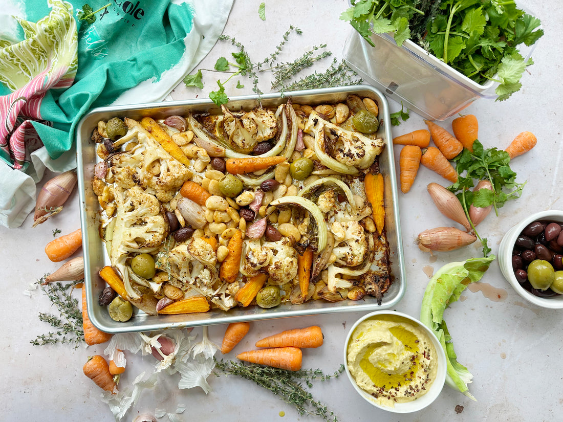 Chilli & Cumin Cauliflower Traybake with Sweetcorn Hummus Cole & Mason UK
