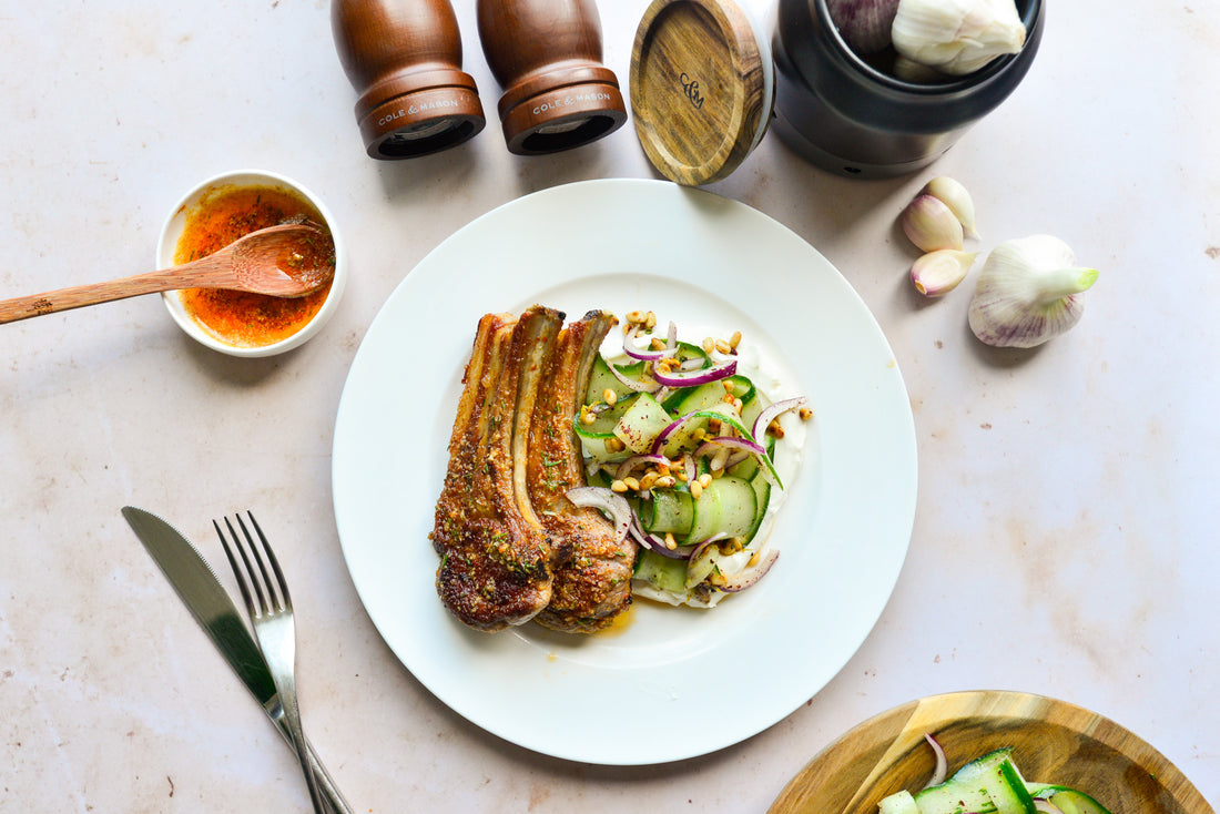 Garlic lamb chops with cucumber and labneh Cole & Mason UK