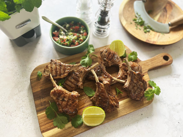 Barbecued lamb cutlets with mint and coriander salsa