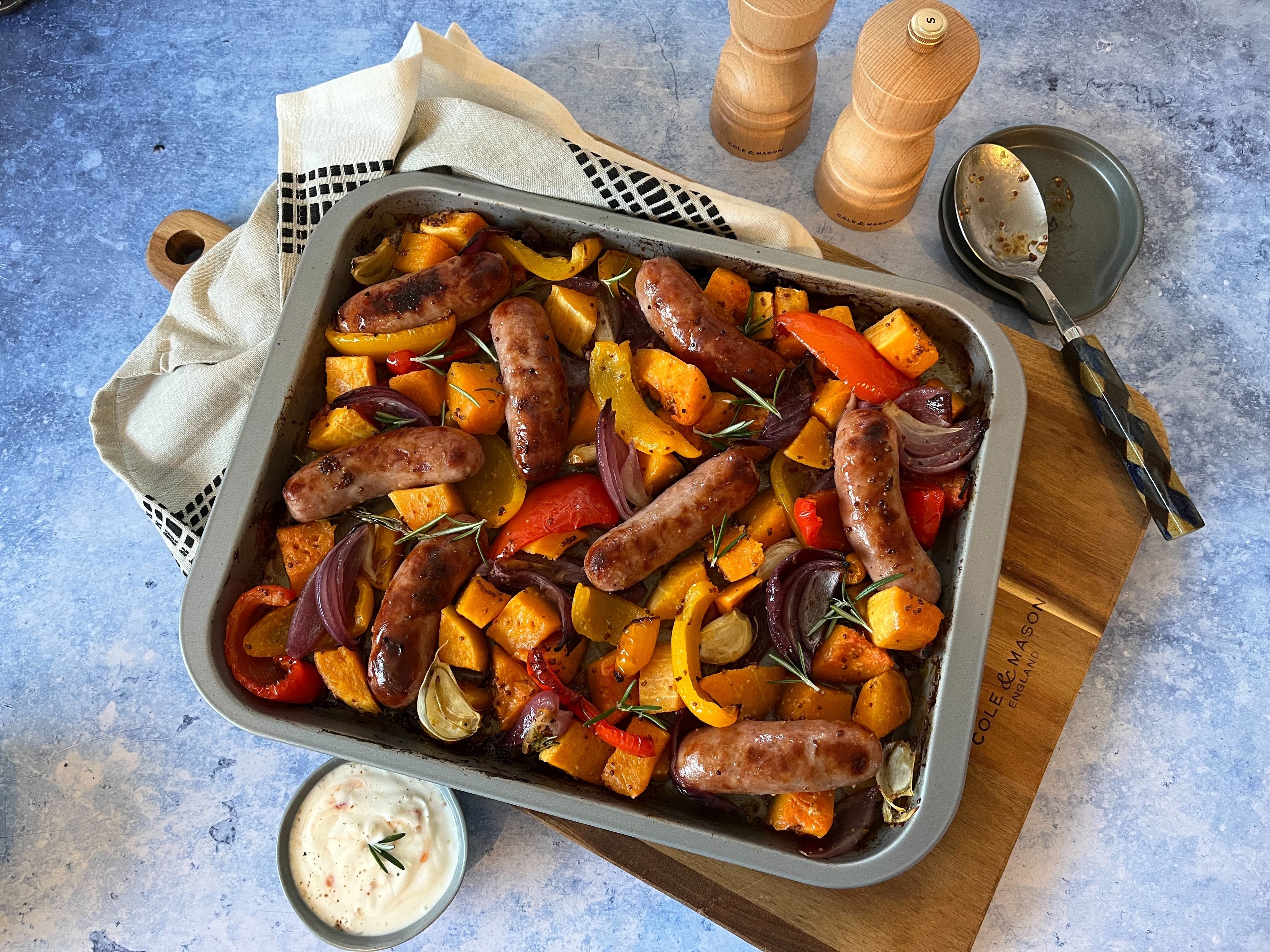 Sizzling Sausage, Squash and Pepper Traybake Cole & Mason UK