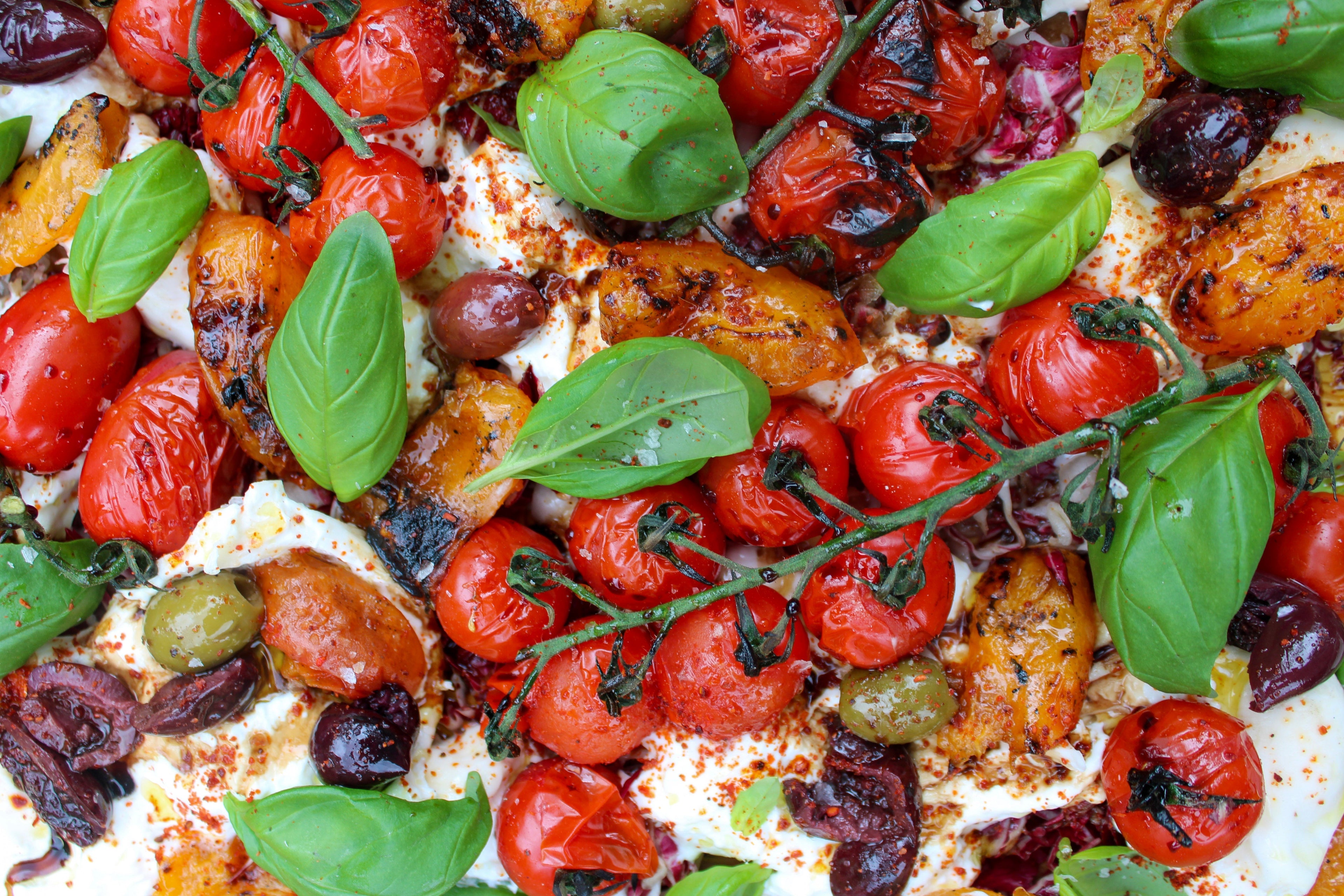Burrata Board with Radicchio, Grilled Apricot, Tomato and Olive