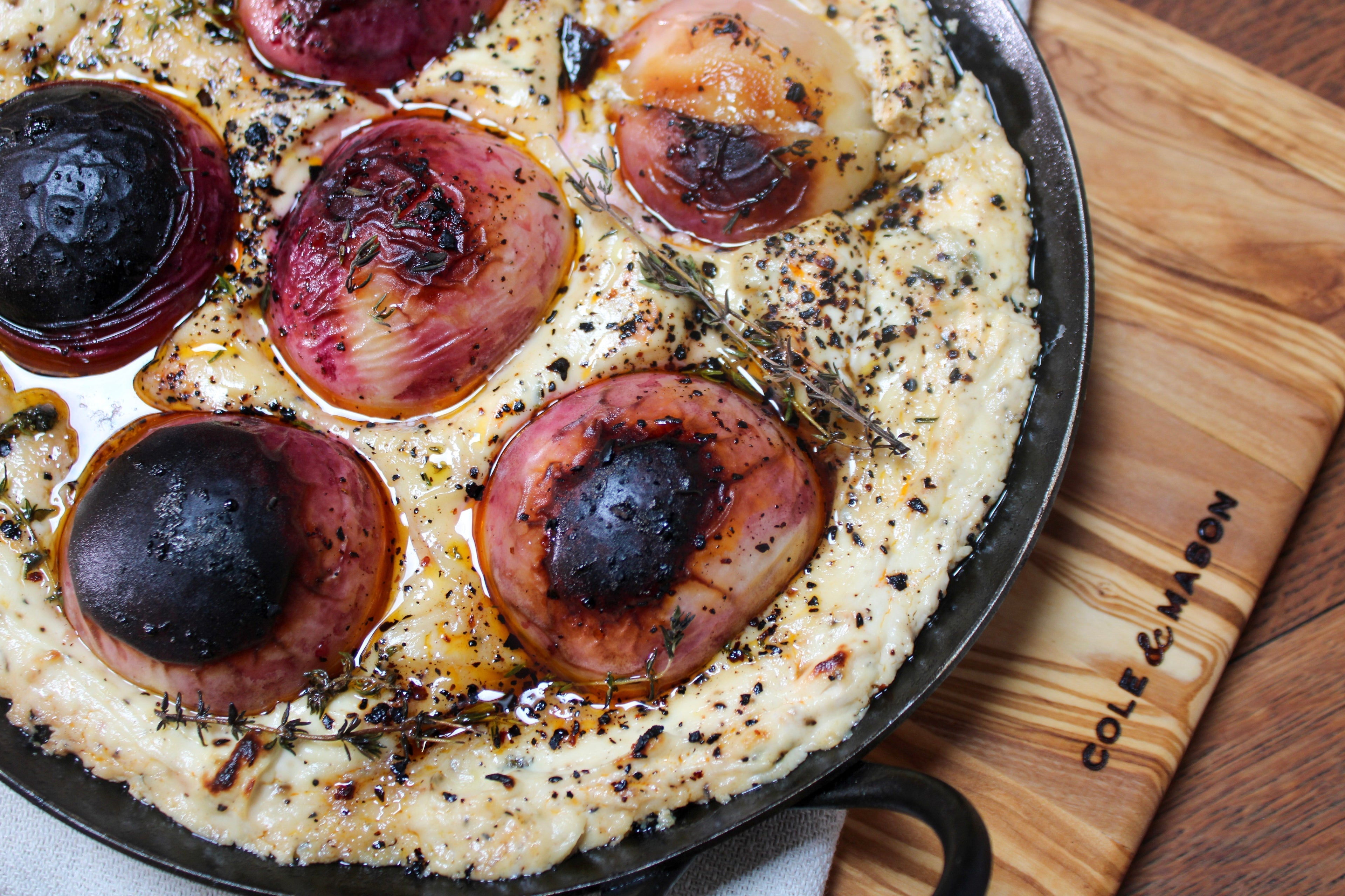 Baked labneh with caramelised peach and urfa chilli flakes