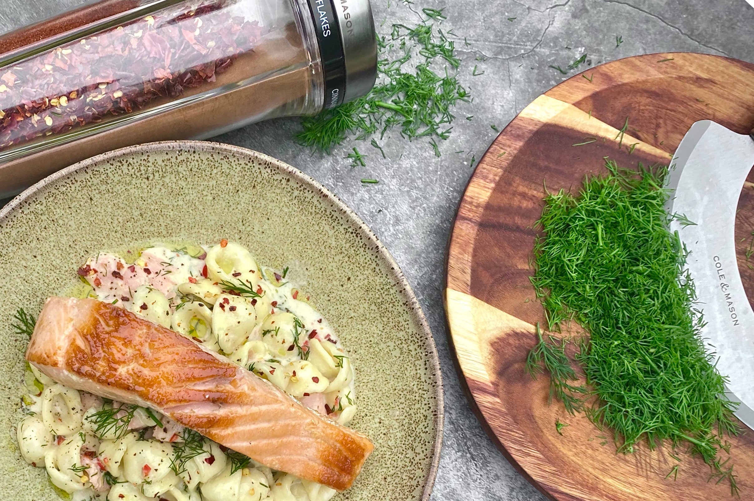 Lemon & Dill Pasta & Pan Fried Salmon & Tomato Salad Cole & Mason UK