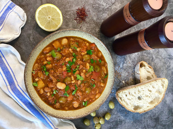 Vegan Spanish Style Three Bean Stew with Olives and Peppers with Crusty Bread Cole & Mason UK