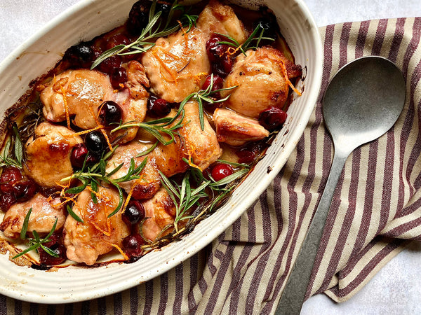 Chicken tray bake, with maple and cranberries