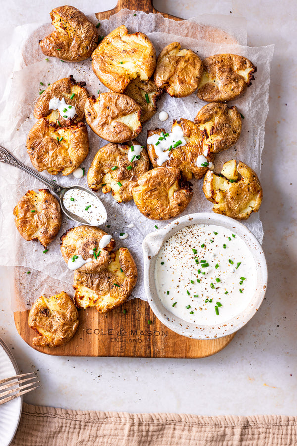 Easy Smashed Potatoes with Sour Cream Dip Cole & Mason UK