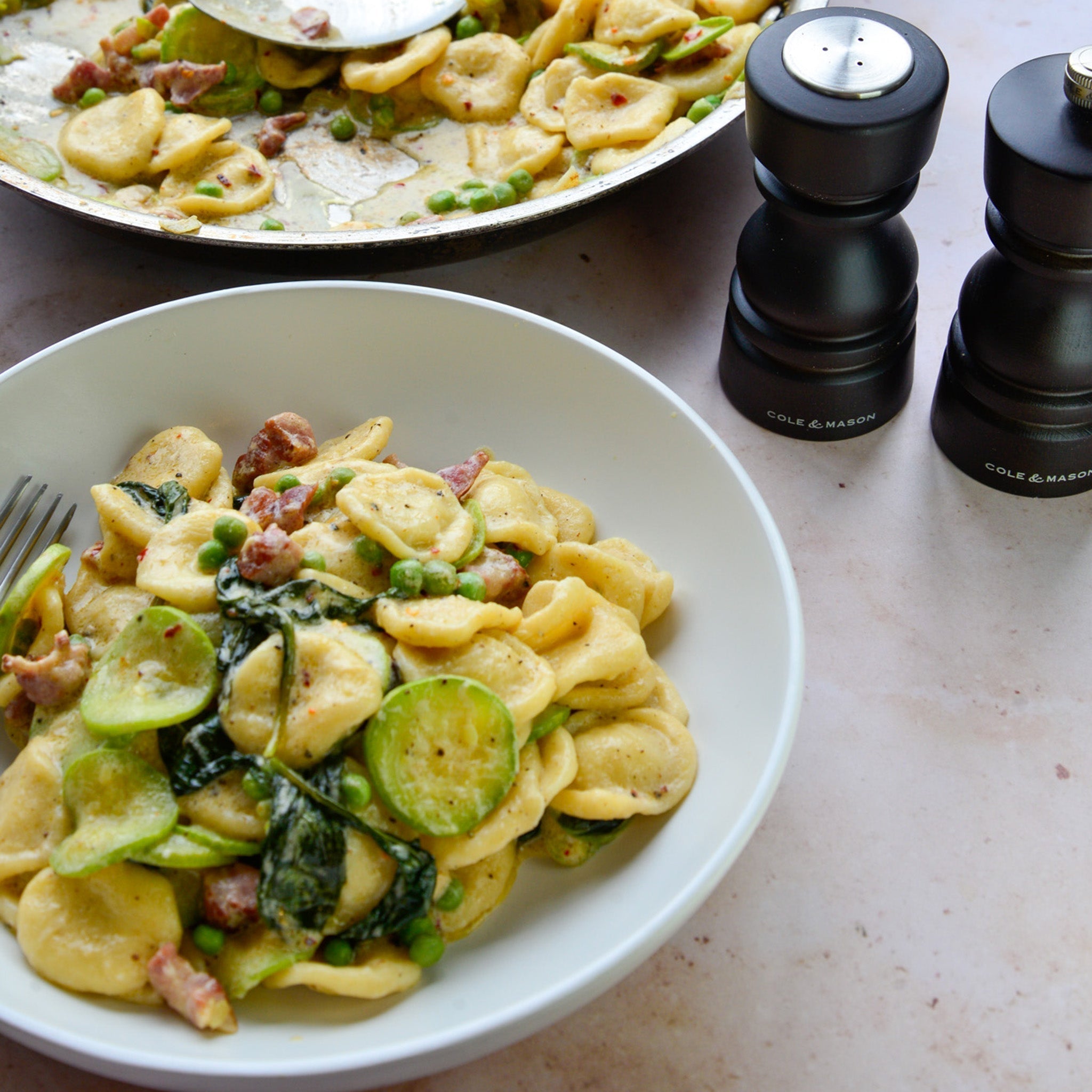 Orecchiette with Bacon, Courgettes and Peas