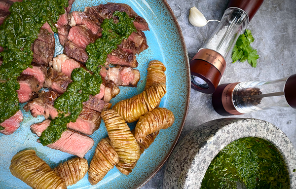 Father's Day Barbecue Chimichurri Steak with Hasselback Potatoes