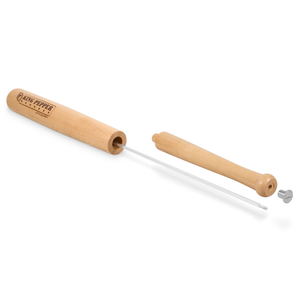 The Cole & Mason King Pepper Baseball Bat Pepper Mill 710mm's wooden handle, thin metal rod, separate wooden cap, and small metal screw are all displayed on a white background.