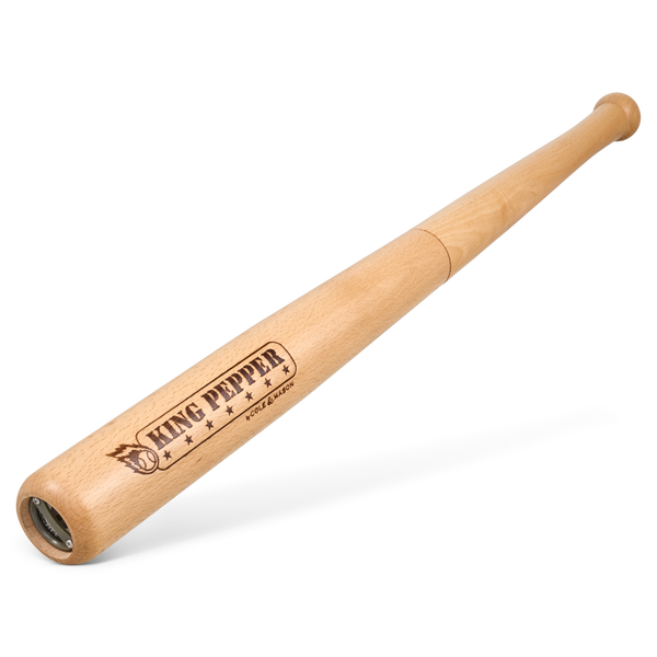 The Cole & Mason King Pepper Baseball Bat Pepper Mill 710mm is a light wooden bat with a flame graphic and stars, featuring an adjustable metal grinder at the handle end—combining sporty style with pepper mill function.