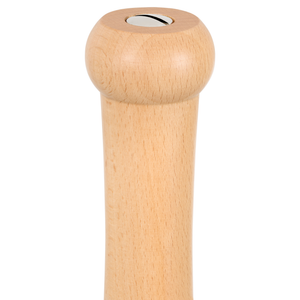 A close-up of the King Pepper Baseball Bat Pepper Mill 710mm by Cole & Mason highlights its smooth, light wood grain and metal knob atop this adjustable grind mill.