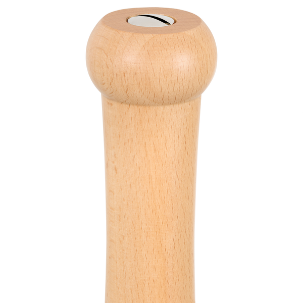 A close-up of the King Pepper Baseball Bat Pepper Mill 710mm by Cole & Mason highlights its smooth, light wood grain and metal knob atop this adjustable grind mill.