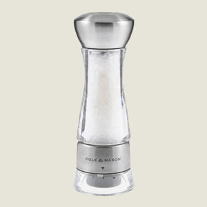 #salt
The Cole & Mason Windermere Pepper Mill 165mm features a clear and stainless steel design, a ceramic mechanism, and adjustable grind setting at the base, styled after premium acrylic mills.
