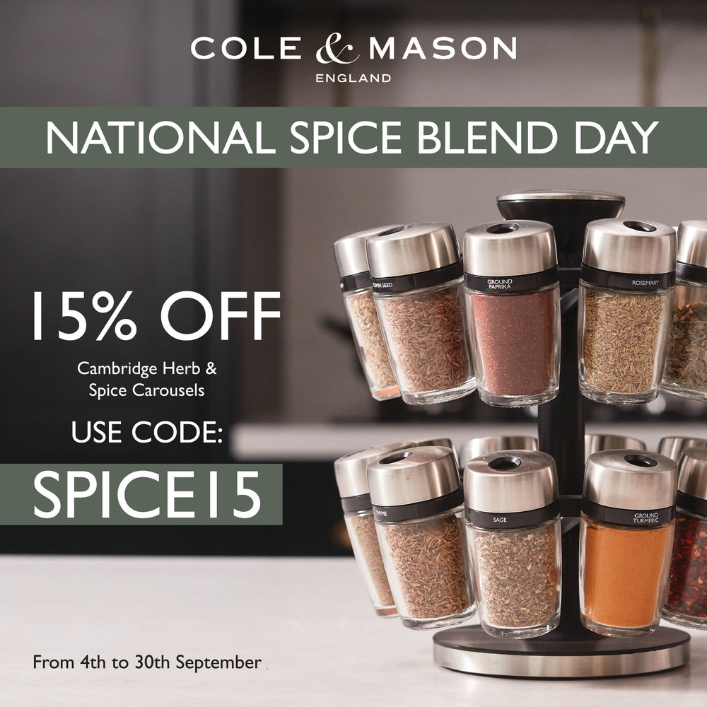 Elevate your kitchen countertop with the elegantly organized Cambridge Herb & Spice Carousel by Cole & Mason, complete with neatly labeled spice jars. Celebrate National Spice Blend Day and enjoy 15% off Cambridge Herb & Spice Carousels from Cole & Mason—just use code: SPICE15 at checkout. Offer valid from 4th to 30th September.