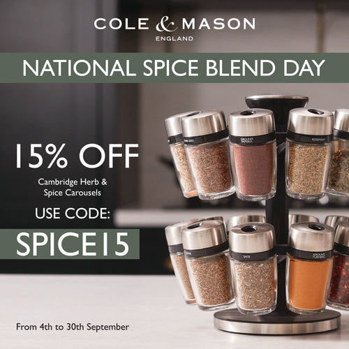 Elevate your kitchen countertop with the elegantly organized Cambridge Herb & Spice Carousel by Cole & Mason, complete with neatly labeled spice jars. Celebrate National Spice Blend Day and enjoy 15% off Cambridge Herb & Spice Carousels from Cole & Mason—just use code: SPICE15 at checkout. Offer valid from 4th to 30th September.