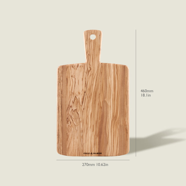 The Cole & Mason Portobello Olive Wood Serving Boards Set features a rectangular board with handle and hole, measuring 460mm x 270mm, shown on a light background.