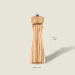 #salt The Cole & Mason Portobello Olive Wood Salt & Pepper Mill features a natural grain finish, stands 200mm tall by 60mm wide, has adjustable grind, and is engraved at the base—perfect for any olive wood collection.