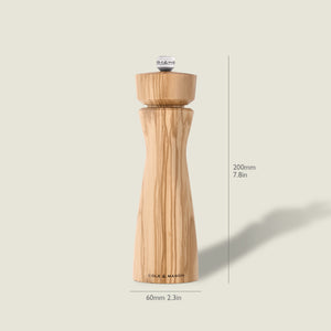 The Portobello Mills, Tray & Small Serving Board by Cole & Mason features an upright wooden mill with visible grain, standing 200mm tall and 60mm wide. A silver knob is labeled “BLACK MARB.” Ideal for your serving board.