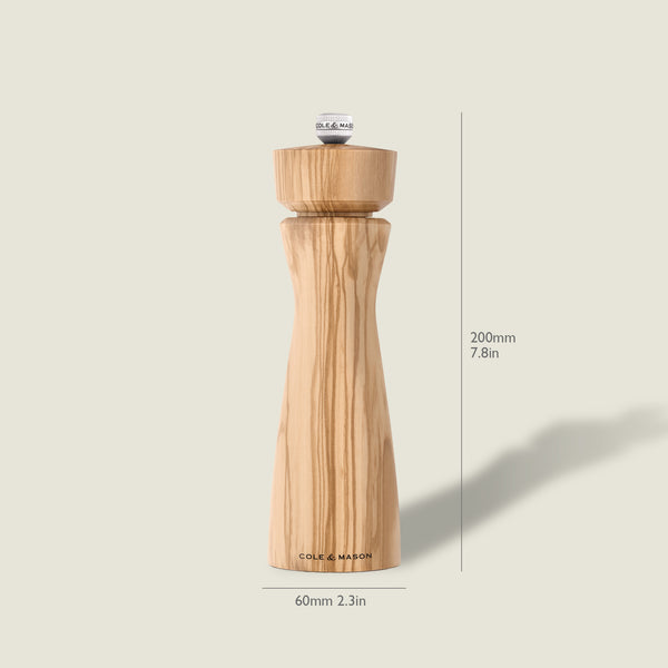 The Portobello Mills, Tray & Small Serving Board by Cole & Mason features an upright wooden mill with visible grain, standing 200mm tall and 60mm wide. A silver knob is labeled “BLACK MARB.” Ideal for your serving board.