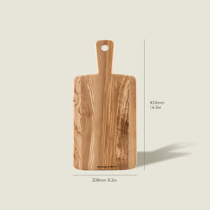 The Cole & Mason Portobello Olive Wood Serving Board, rectangular with a handle and measuring 420mm x 208mm, is displayed upright on a light background.