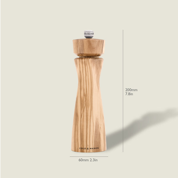 #pepper The Cole & Mason Portobello Olive Wood Salt & Pepper Mill stands upright, measuring 200mm high by 60mm wide, with adjustable grind settings. The brand is printed at its base and it features elegant olive wood construction on a light background.
