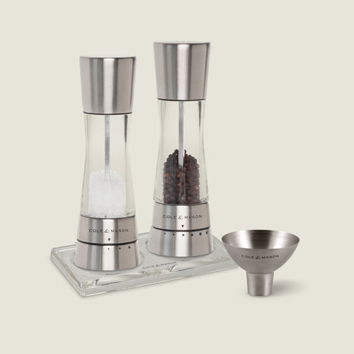 #stainlesssteel The Cole & Mason Derwent Salt & Pepper Mill, Acrylic Tray & Funnel Set features two stylish stainless steel and acrylic mills, a matching glass tray, and a stainless steel funnel for easy refilling.