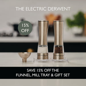 Upgrade your kitchen with the Cole & Mason Electric Derwent Bundle—now 15% OFF. This set includes rechargeable salt and pepper grinders featuring the Precision+ carbon steel mechanism for maximum flavor, along with a convenient mill tray and metal funnel. Enjoy effortless seasoning and save 15% on the ultimate gift set.