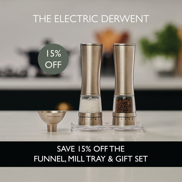 Upgrade your kitchen with the Cole & Mason Electric Derwent Bundle—now 15% OFF. This set includes rechargeable salt and pepper grinders featuring the Precision+ carbon steel mechanism for maximum flavor, along with a convenient mill tray and metal funnel. Enjoy effortless seasoning and save 15% on the ultimate gift set.
