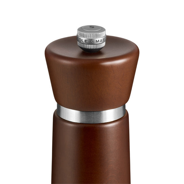 cole-and-mason-millbank-chestnut--wooden-salt-mill-silver-knob-silver-band-zoomed-in