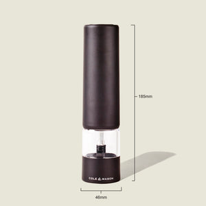 A sleek Brixton Electric Mill Matt Black GS from Cole & Mason, featuring a durable ceramic grinder for consistent results, measures 185mm tall by 46mm wide. Displayed on a light background, this electric mill offers convenient one-handed operation.