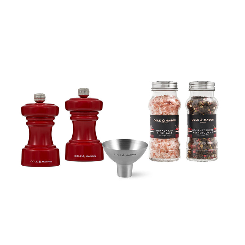 Hoxton Red Gloss Salt & Pepper Mill 104mm, Funnel & Refills set