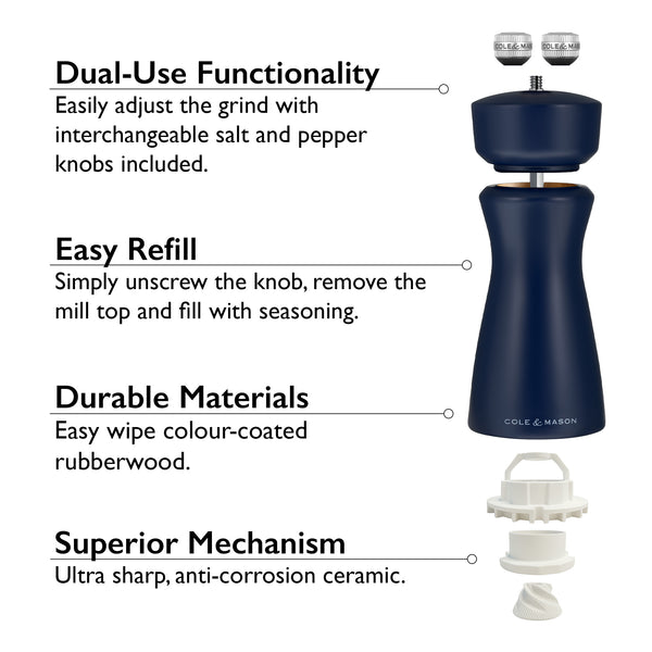 Introducing the Cole & Mason Kenton Salt & Pepper Mill in Persian Blue Salt, featuring dual-use knobs, an easy-refill top, a durable color-coated body, and an ultra-sharp ceramic grinding mechanism. Enjoy simple adjustment for effortless seasoning refills, lasting materials, and superior performance in every grind.