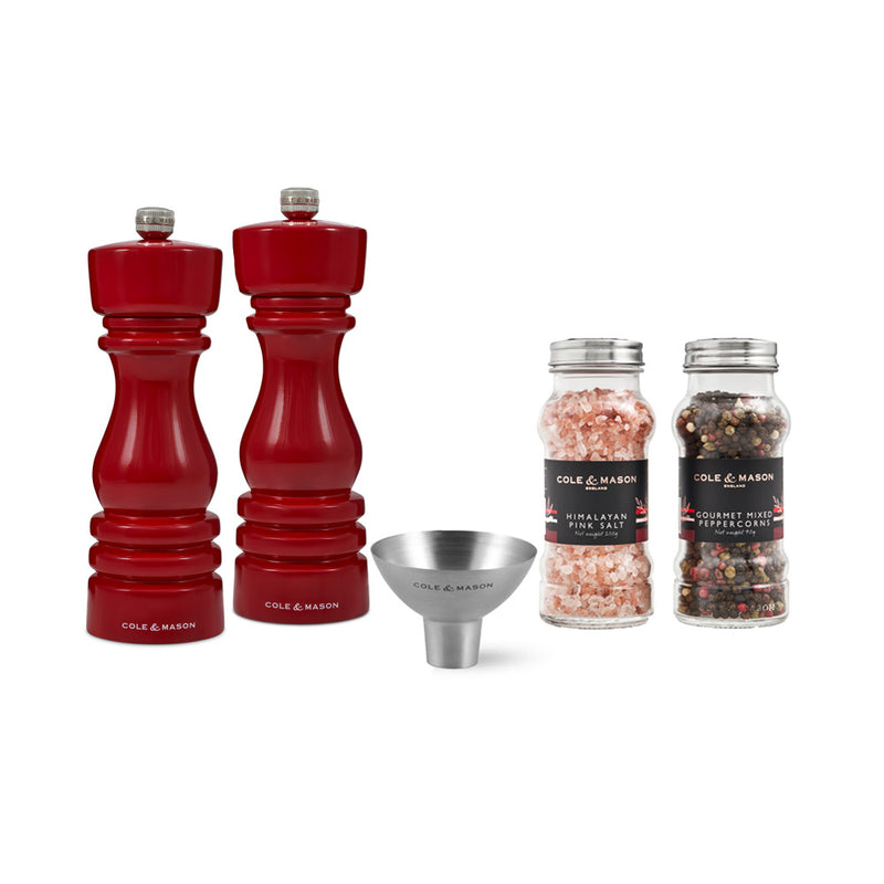 London Red Gloss Salt & Pepper Mill 180mm, Funnel & Refills Set