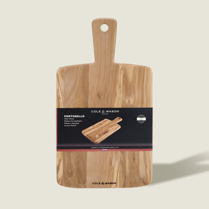 A set of olive wood serving boards with handles by Cole & Mason, called the Portobello Olive Wood Serving Boards Set. Packaging features product details and a small image, highlighting the natural wood grain.