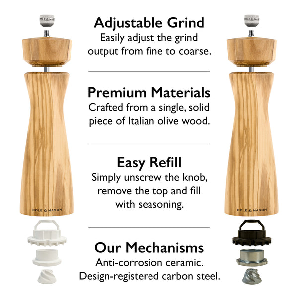 The Cole & Mason Portobello Set Bundle with M Board includes two tall olive wood grinders with metal tops, adjustable grind, easy top refill, durable ceramic and carbon steel mechanisms—perfect for salt and pepper.