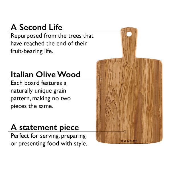 The Cole & Mason Portobello Set Bundle with M Board features a rectangular Italian olive wood serving board with a handle, showcasing natural grain patterns—perfect for pairing with your favorite salt and pepper mill set.