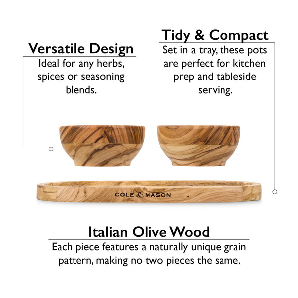 The Cole & Mason Portobello Set Bundle with M Board features two small Italian olive wood bowls in a matching oval tray, ideal for herbs or spices, with compact sizing and distinctive olive wood grain in every piece.