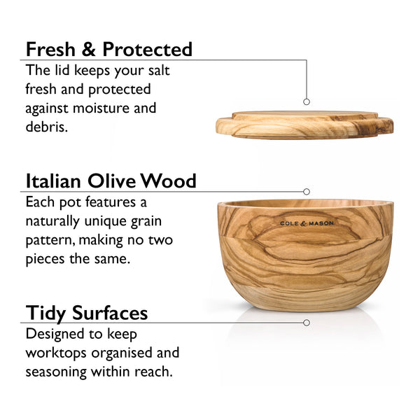 The Cole & Mason Portobello Set Bundle with M Board features a round wooden salt cellar with a fresh-keeping lid, Italian olive wood grain, and tidy design—an elegant pairing with your salt and pepper mill set or serving board.