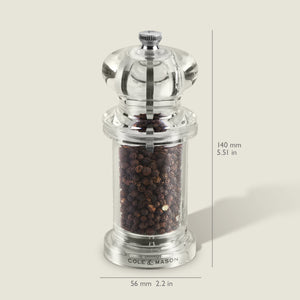 #pepper
The Cole & Mason 505 Salt & Pepper Mill features a clear acrylic design, adjustable settings, and comes filled with black peppercorns. Dimensions: height 140 mm (5.51 in), base diameter 56 mm (2.2 in).