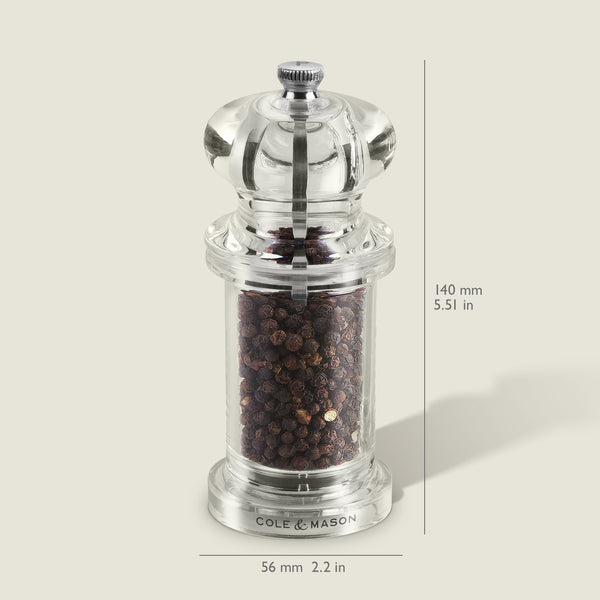 #pepper
The Cole & Mason 505 Salt & Pepper Mill features a clear acrylic design, adjustable settings, and comes filled with black peppercorns. Dimensions: height 140 mm (5.51 in), base diameter 56 mm (2.2 in).