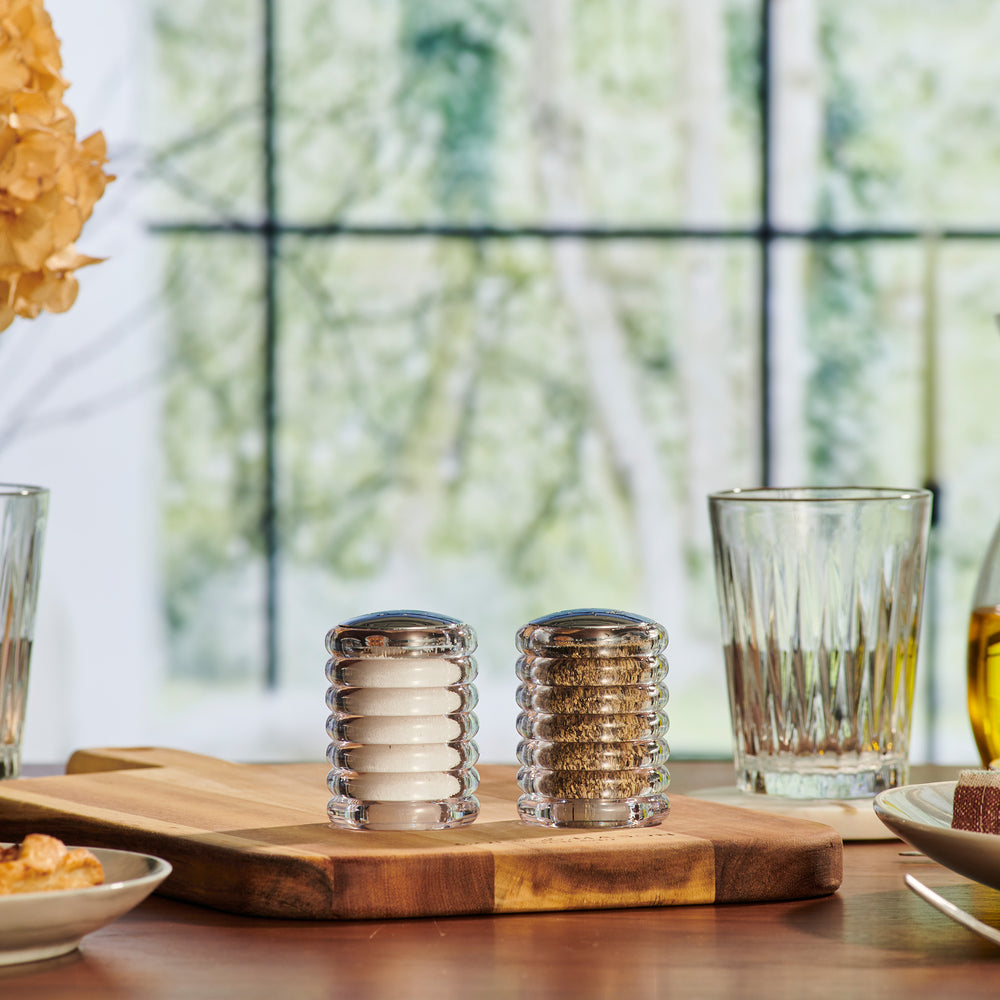 The Cole & Mason Beehive Shakers Set features two ribbed acrylic dispensers with shiny silver tops, filled with white salt and black pepper, displayed side by side on a light background for lasting style.