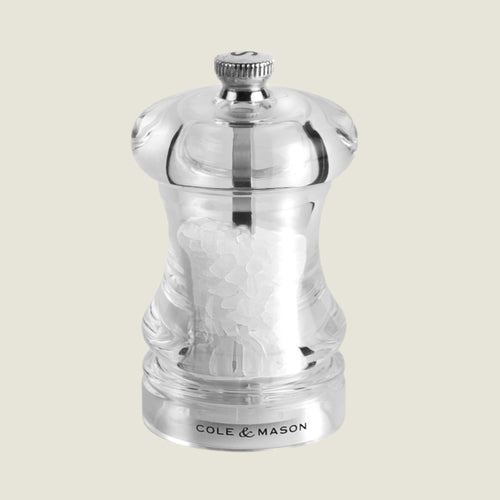 #85mm#salt 
Silver pepper grinder with 'Cole & Mason' branding on a light beige background
