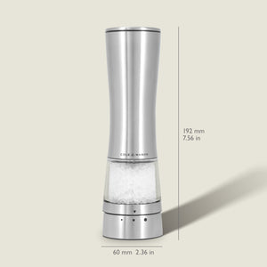 Sleek, tall Cole & Mason Electric Derwent Salt Mill in silver, featuring a transparent lower section that displays the salt crystals; measures 192 mm (7.56 in) in height and 60 mm (2.36 in) in width with the Cole & Mason logo on the grinder.
