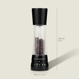 #salt&pepperset The Cole & Mason Derwent Matt Black Salt & Pepper Mill features an acrylic body, adjustable grind settings, is pre-filled with peppercorns, and measures 190 mm tall by 60 mm wide, shown upright on a light background.