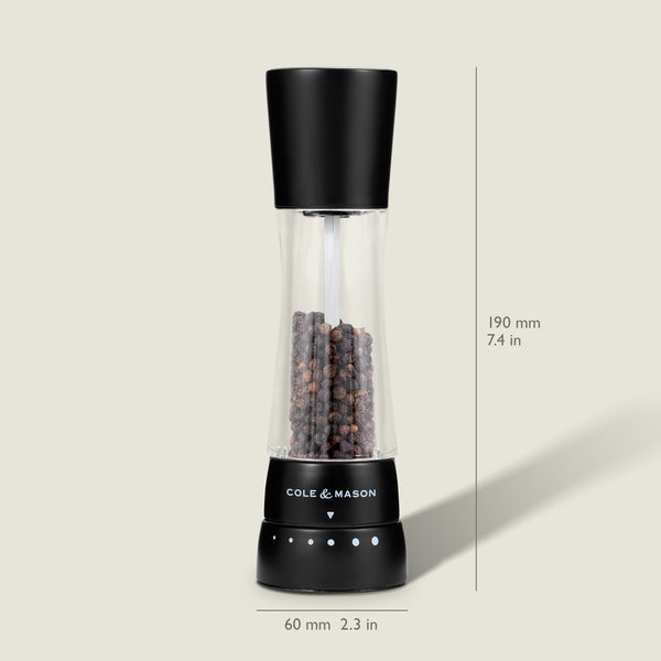 #salt&pepperset The Cole & Mason Derwent Matt Black Salt & Pepper Mill features an acrylic body, adjustable grind settings, is pre-filled with peppercorns, and measures 190 mm tall by 60 mm wide, shown upright on a light background.