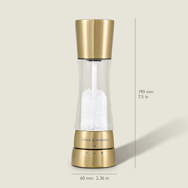 The Cole & Mason Derwent Gold Salt & Pepper Mill, filled with coarse salt, stands upright on a light background. It features advanced grinding technology and measures 190 mm tall and 60 mm wide at the base.