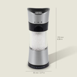 #salt&pepperset
The Cole & Mason Horsham Salt & Pepper Mill, made of stainless steel and clear acrylic, comes filled with coarse salt. It features an efficient adjustable grinder and measures 154 mm tall by 55 mm wide.