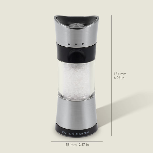 #salt&pepperset
The Cole & Mason Horsham Salt & Pepper Mill, made of stainless steel and clear acrylic, comes filled with coarse salt. It features an efficient adjustable grinder and measures 154 mm tall by 55 mm wide.