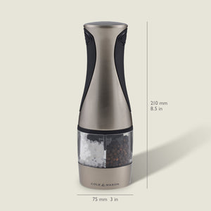 A metallic Cole & Mason Kew Electronic 2-in-1 Duo Mill salt and pepper grinder, featuring a transparent chamber, adjustable grind settings, and measuring 210 mm tall by 75 mm wide, displayed against a light background.