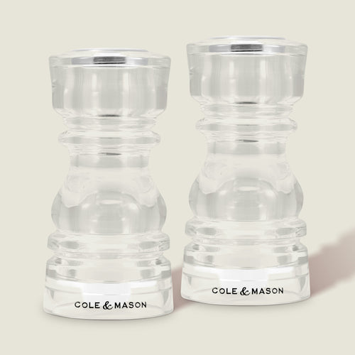 #130mm #shakerset Two Cole & Mason London Acrylic Salt & Pepper Shakers stand side by side on a neutral background, each with the brand name displayed at the base.